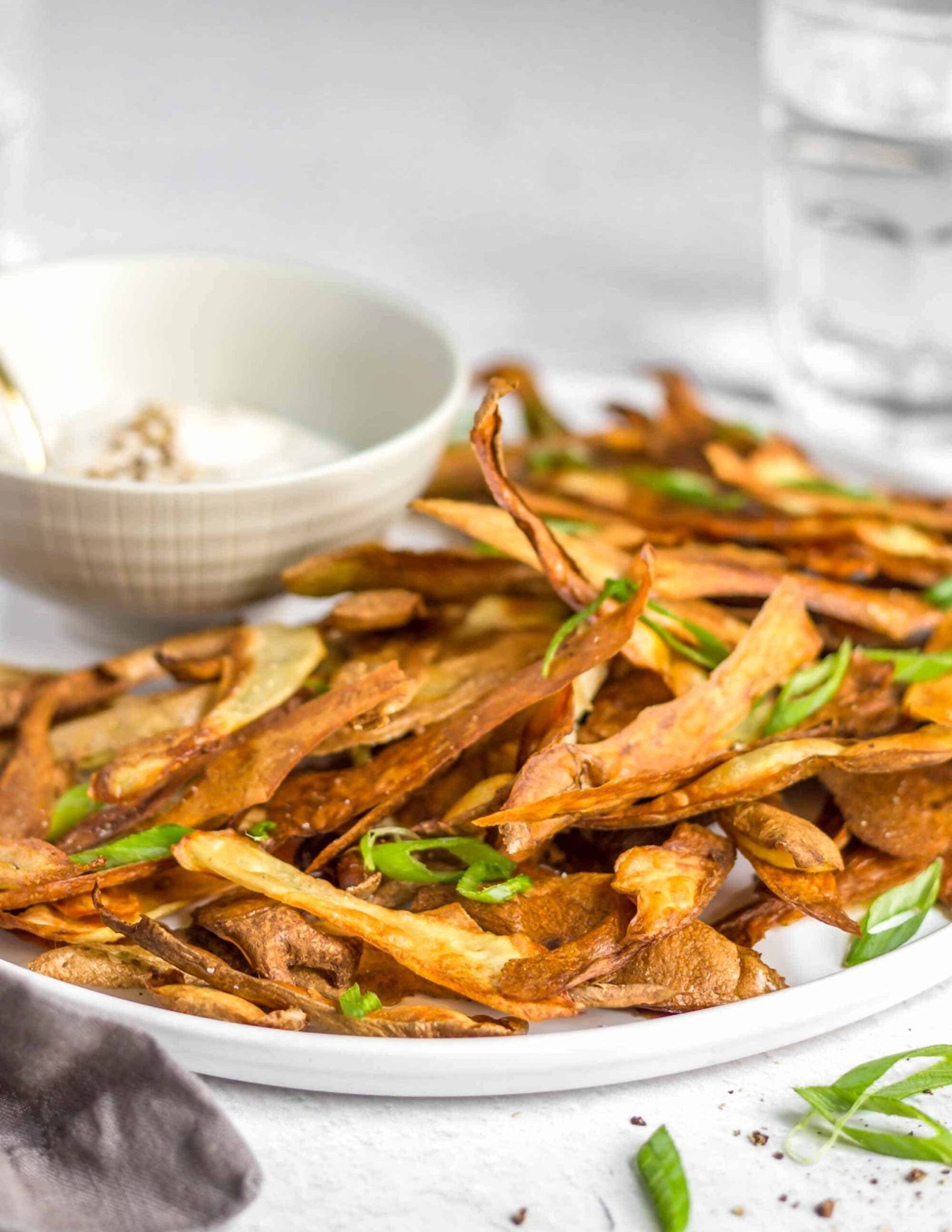 crispy potato skins with scallion garnish