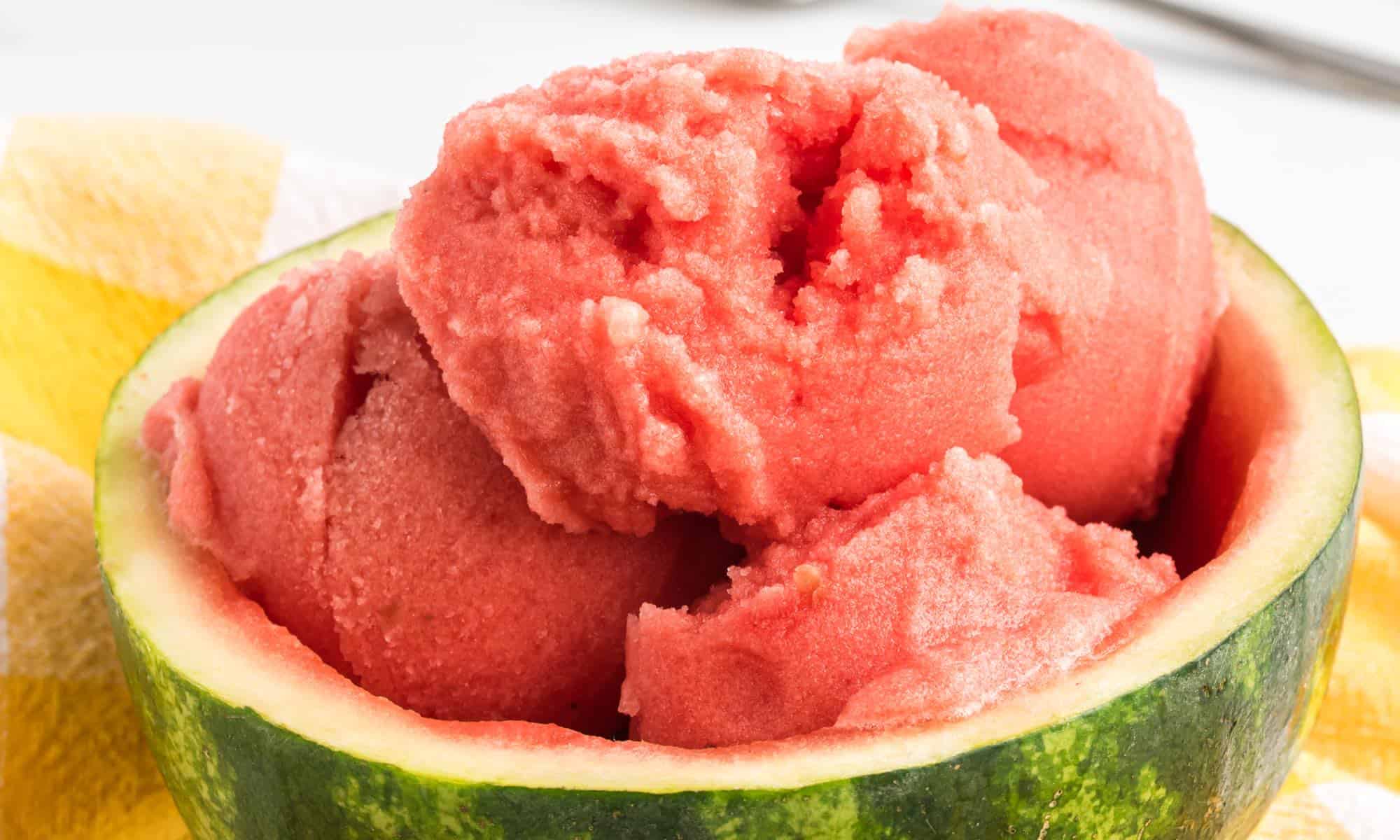 Healthy Vegan Watermelon Sorbet Gelato Recipe Served in a Hollowed Out Watermelon