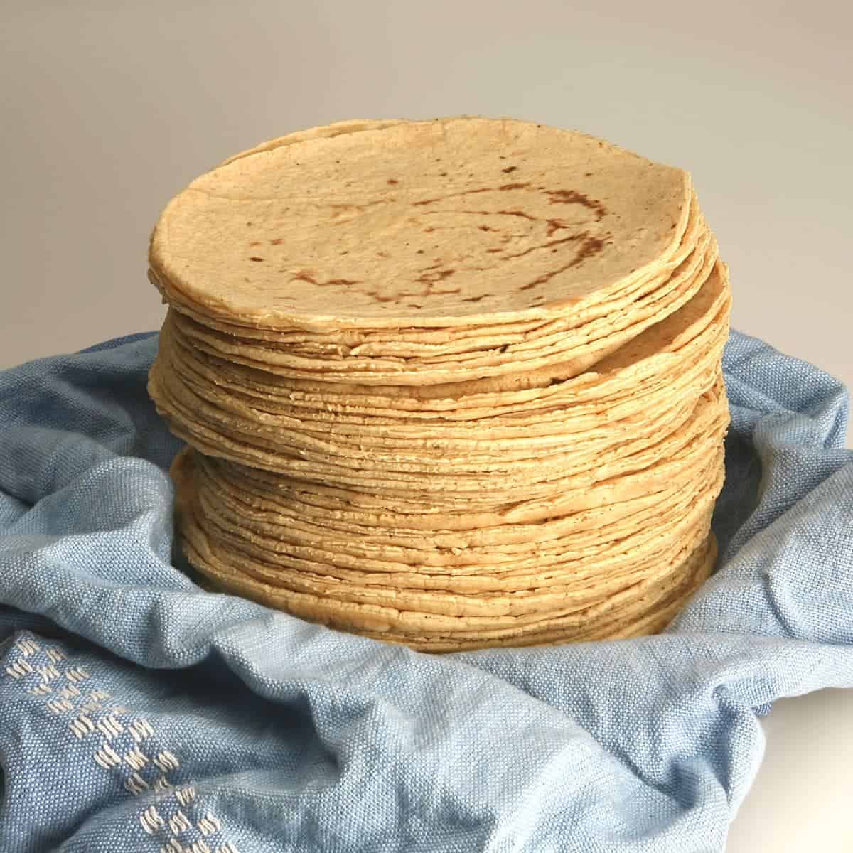 Vegan corn tortillas in a tall stack on top of a blue dish towel.