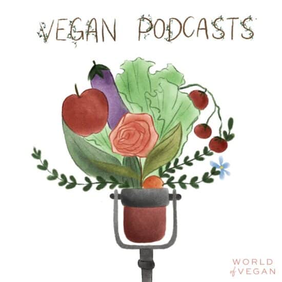 Illustrated vegan art of a podcast microphone with plant based fruit and veggies coming out of it.