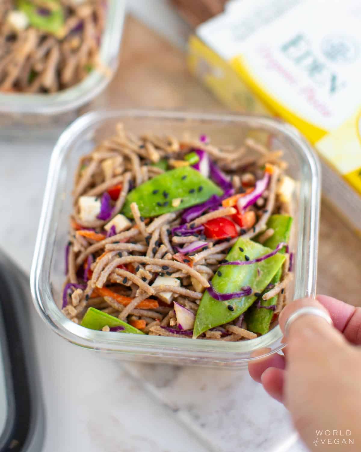 Cold noodle salad in a meal prep container.