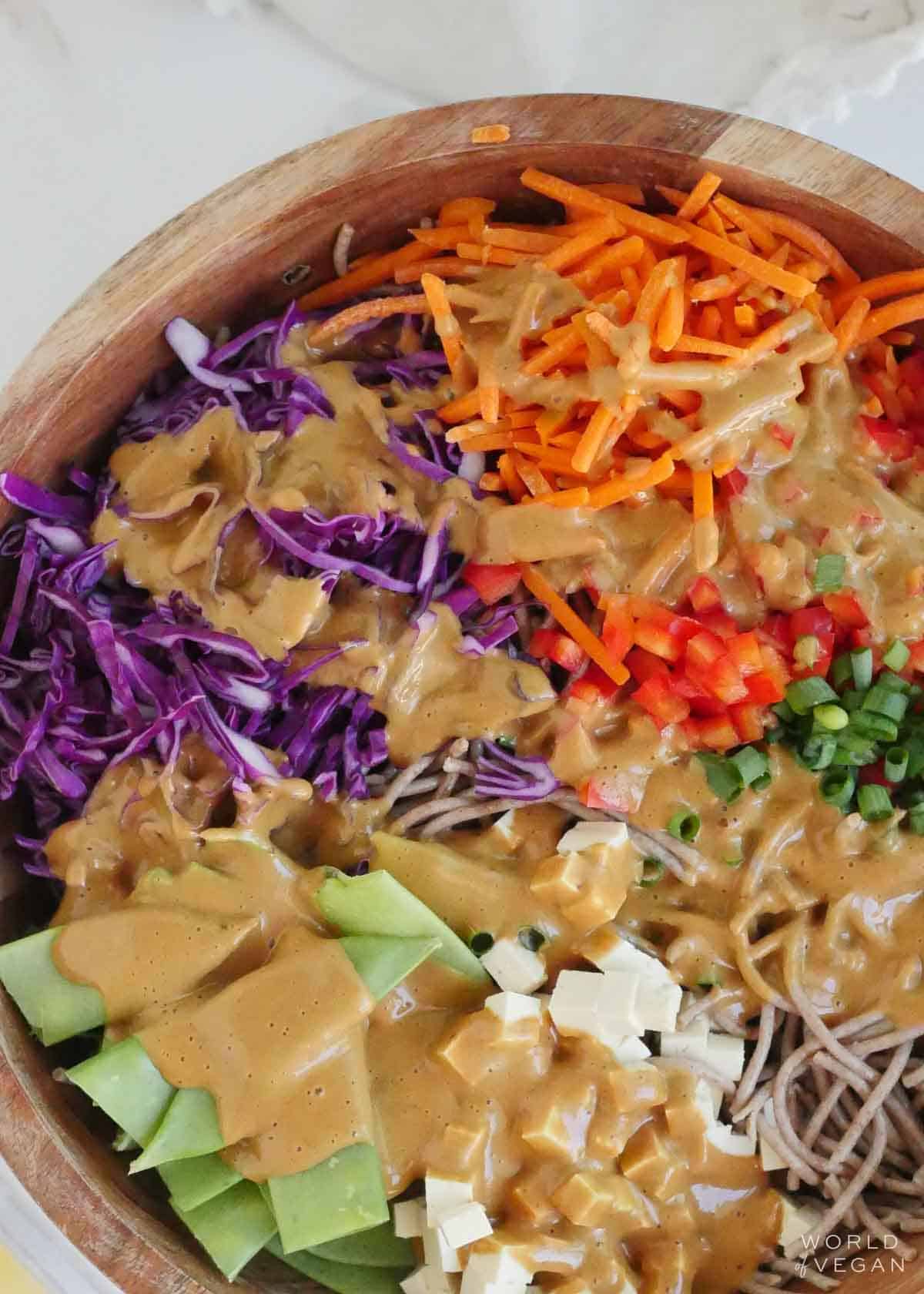 A bowl of cold peanut noodle salad with purple cabbage, carrots, peas, tofu, green onion, and sesame peanut sauce.