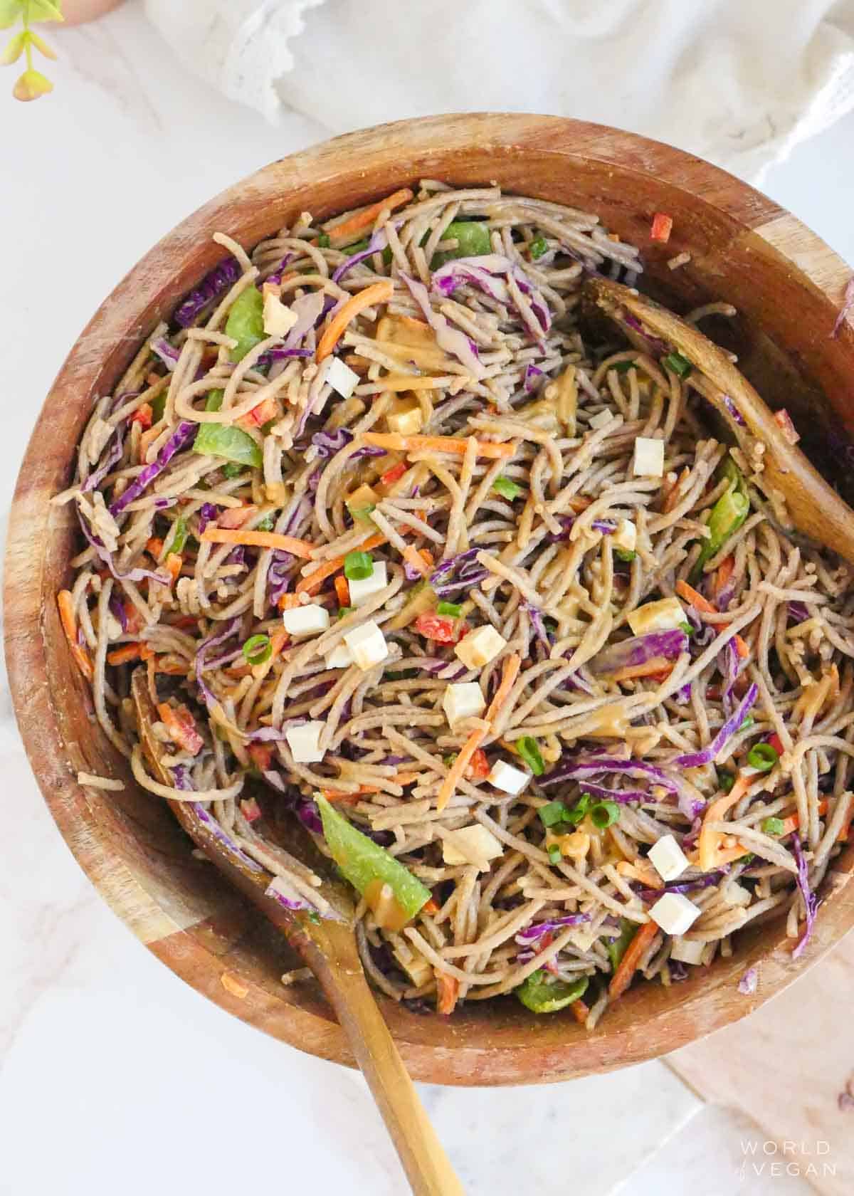 The cold noodle salad in a large mixing bowl after everything has been mixed together with the peanut sauce.