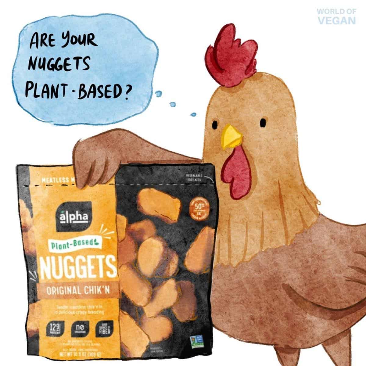 Illustration of a cute chicken holding vegan alpha foods chicken nuggets.