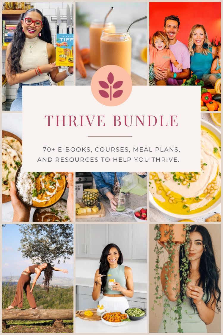 A graphic featuring the Thrive Bundle with over 70 plant-based health and wellness resources for going vegan.