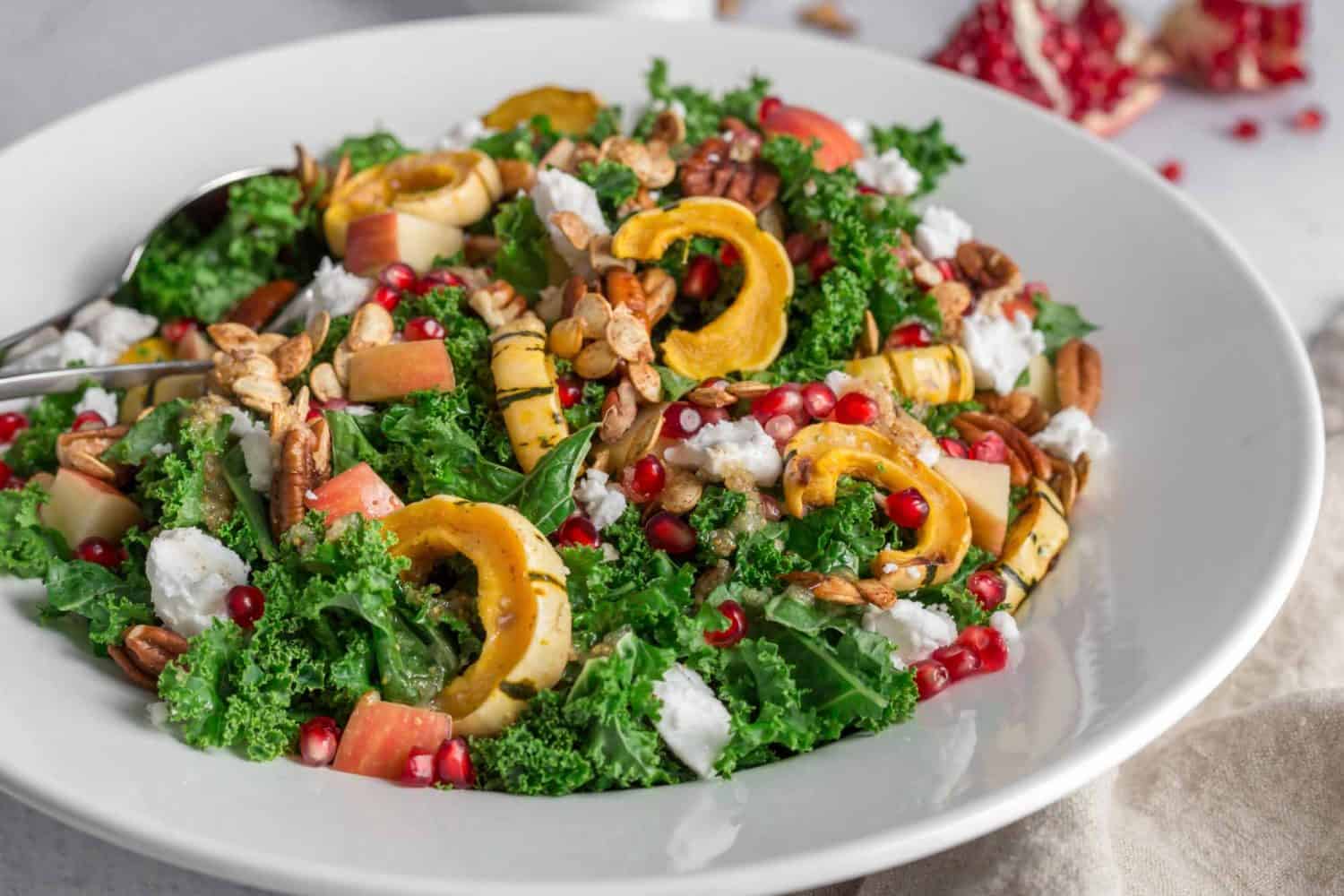Delicata Squash Kale Salad Vegan Thanksgiving Recipe.