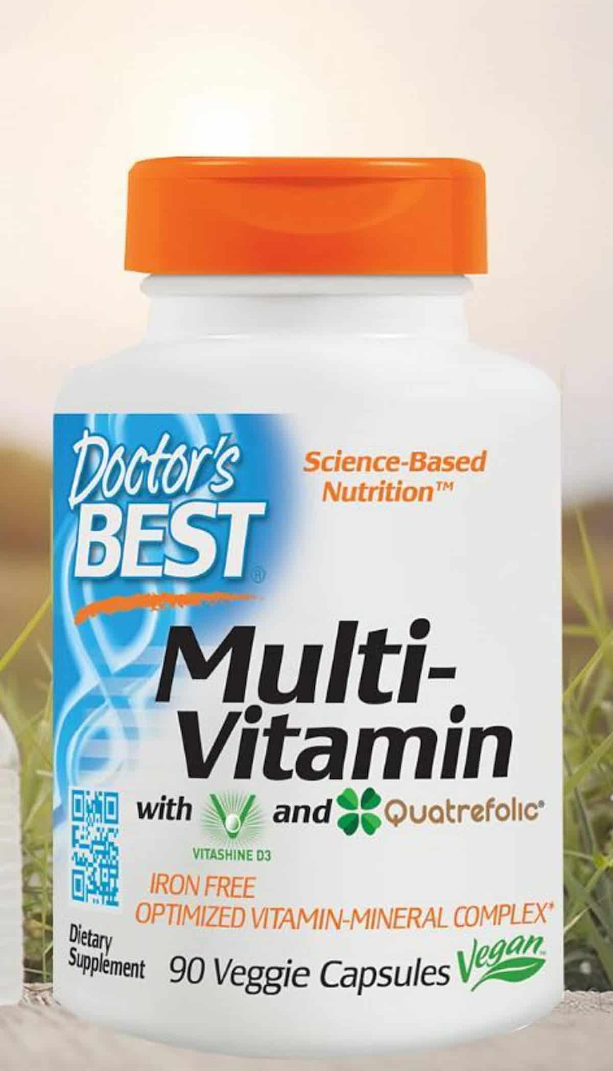 A bottle of Doctor's Best brand vegan multivitamins.