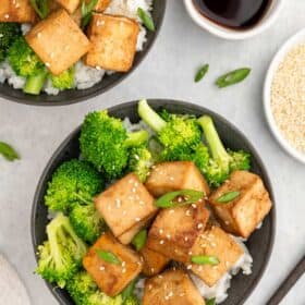 Two bowls of marinated tofu served over rice and broccoli.