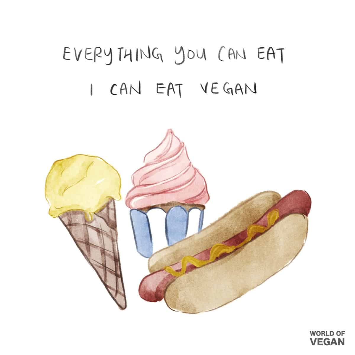 Vegan art illustration of ice cream, a cupcake, and a veggie hot dog with the quote "everything you can eat I can eat vegan!"