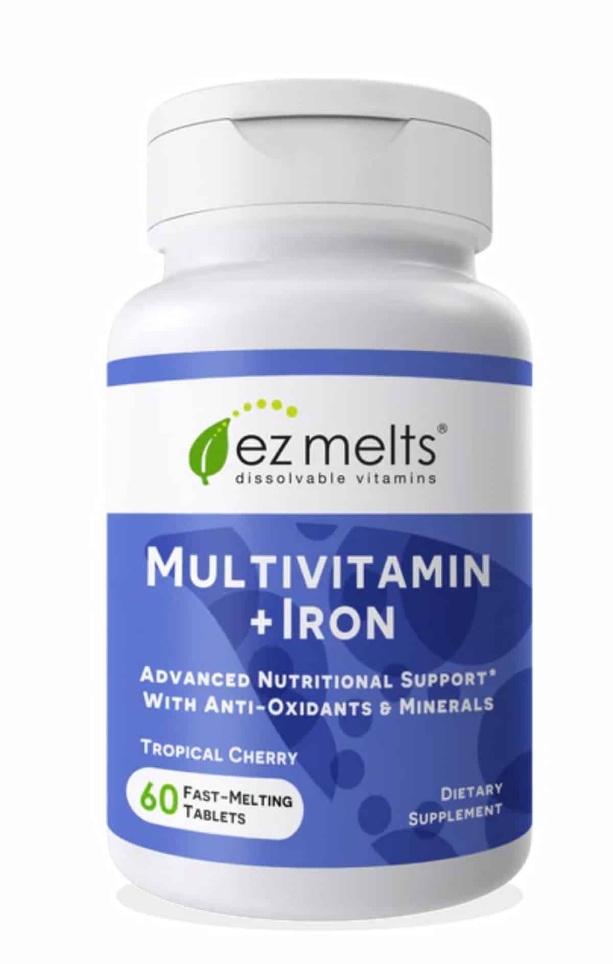 A bottle of EZ Melts vegan multivitamins with iron.