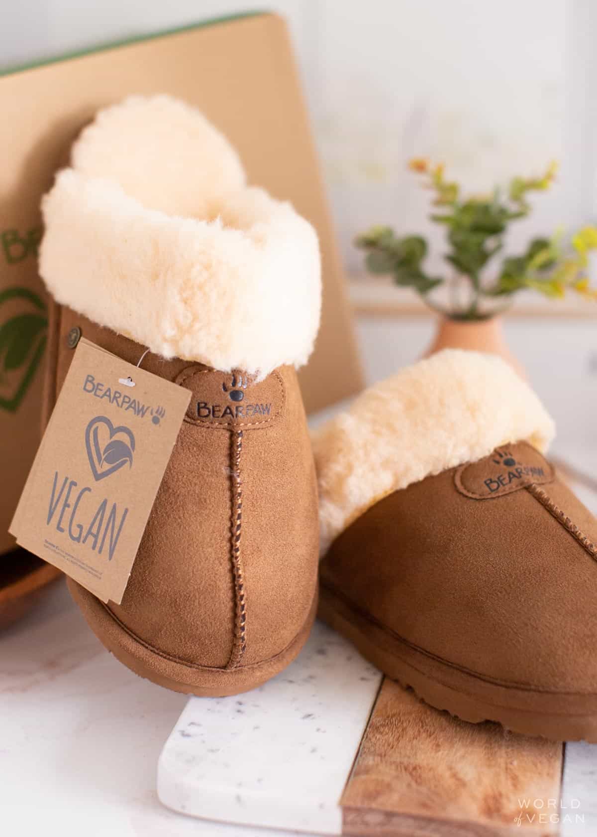 Fuzzy leather-free faux-fur lined vegan slippers from the brand Bearpaw. 