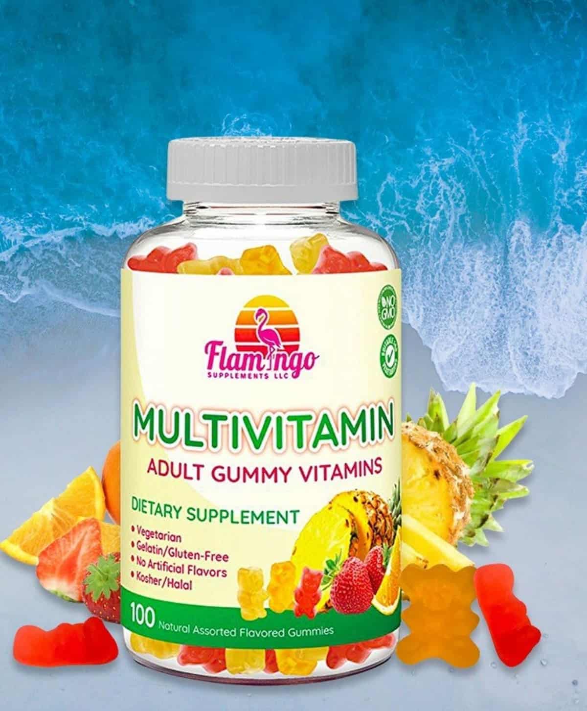 A bottle of Flamingo Supplements brand vegan gummy multivitamins.