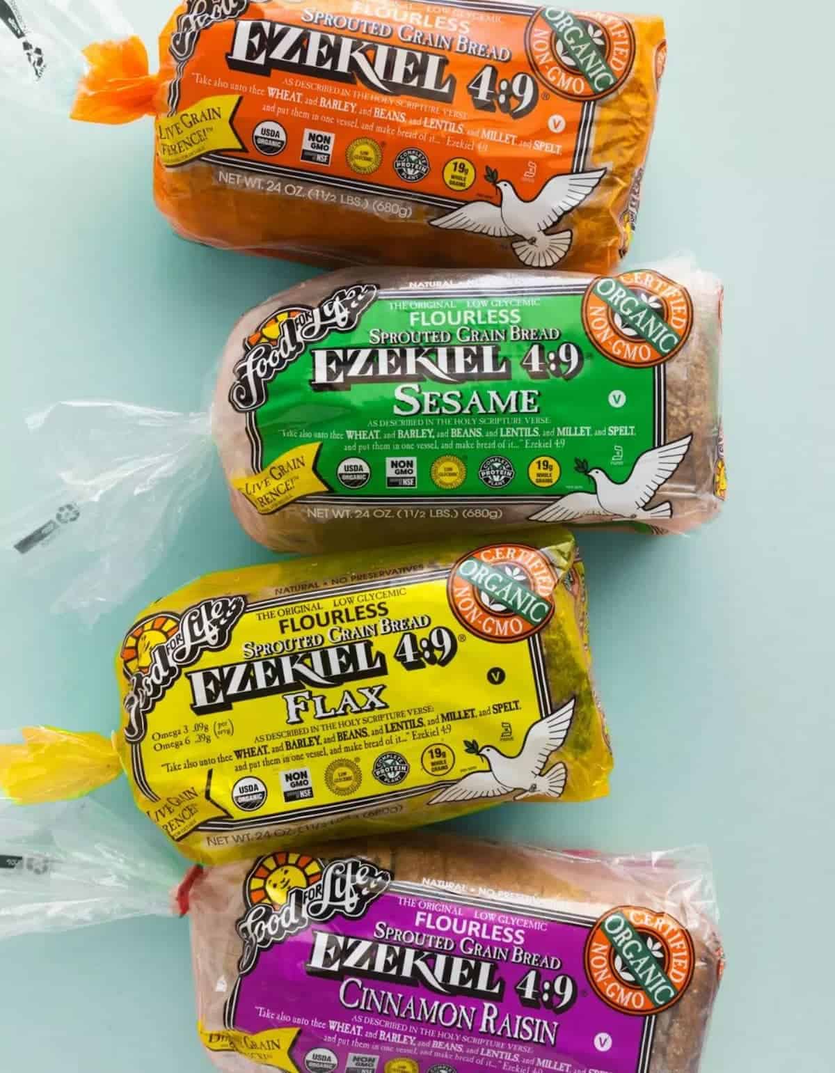 Packages of Food for Life Ezekiel Sprouted bread.