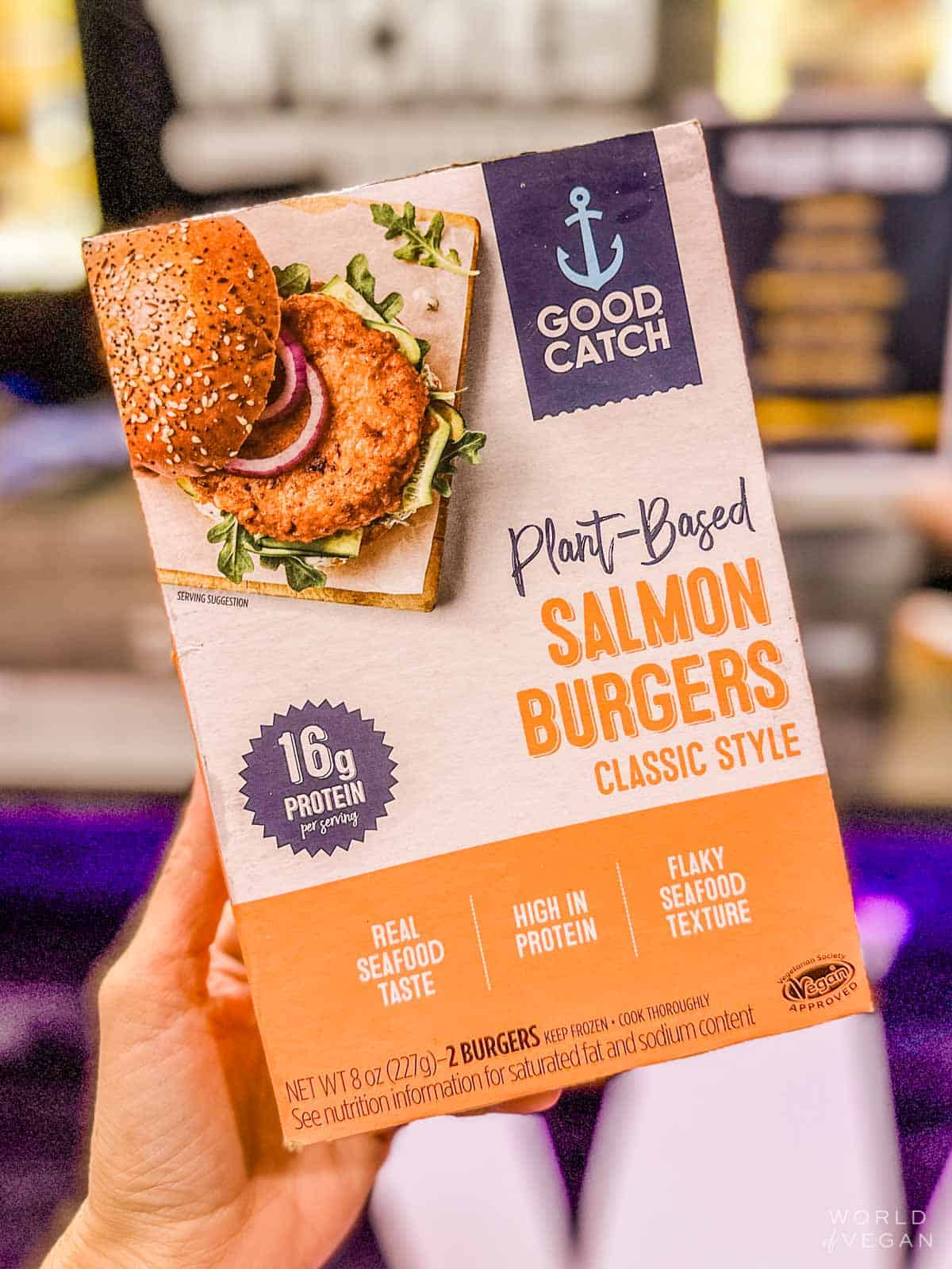 A package of Good Catch brand plant-based salmon burgers.