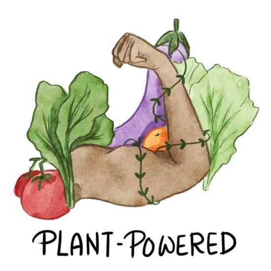 Illustration of a strong arm flexing with big plant-based muscles surrounded by vegan fruit vegetables.