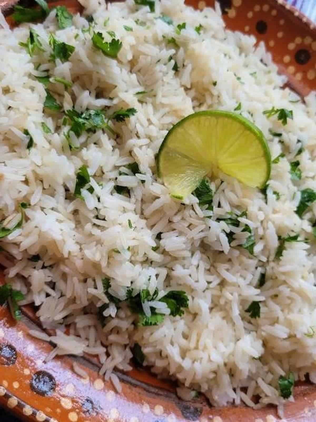 Up close of a plate of cilantro lime rice.