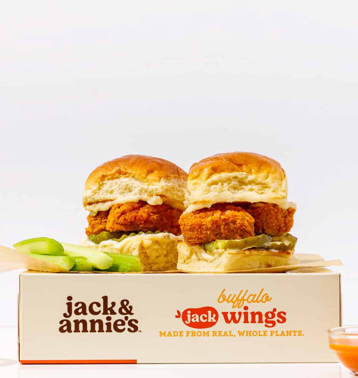 Jack and Annie's brand jackfruit-based vegan chicken nuggets on sliders.