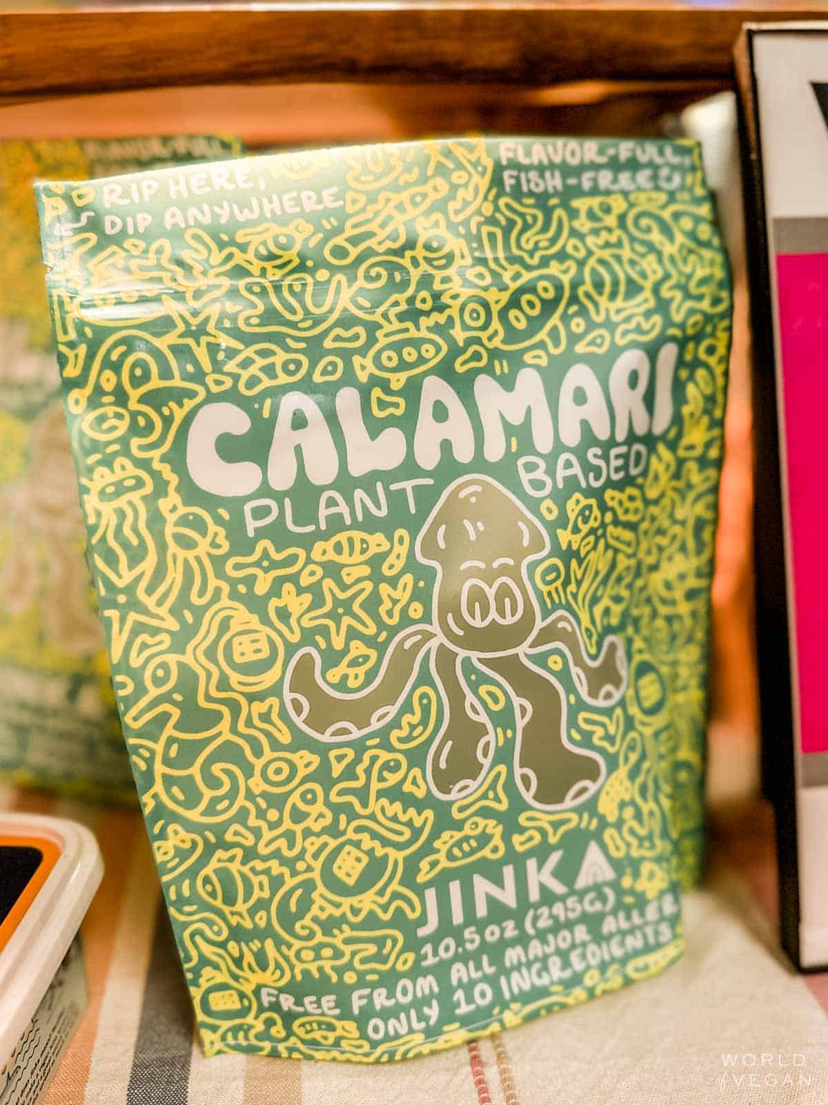 A package of Jinka brand plant-based calamari.