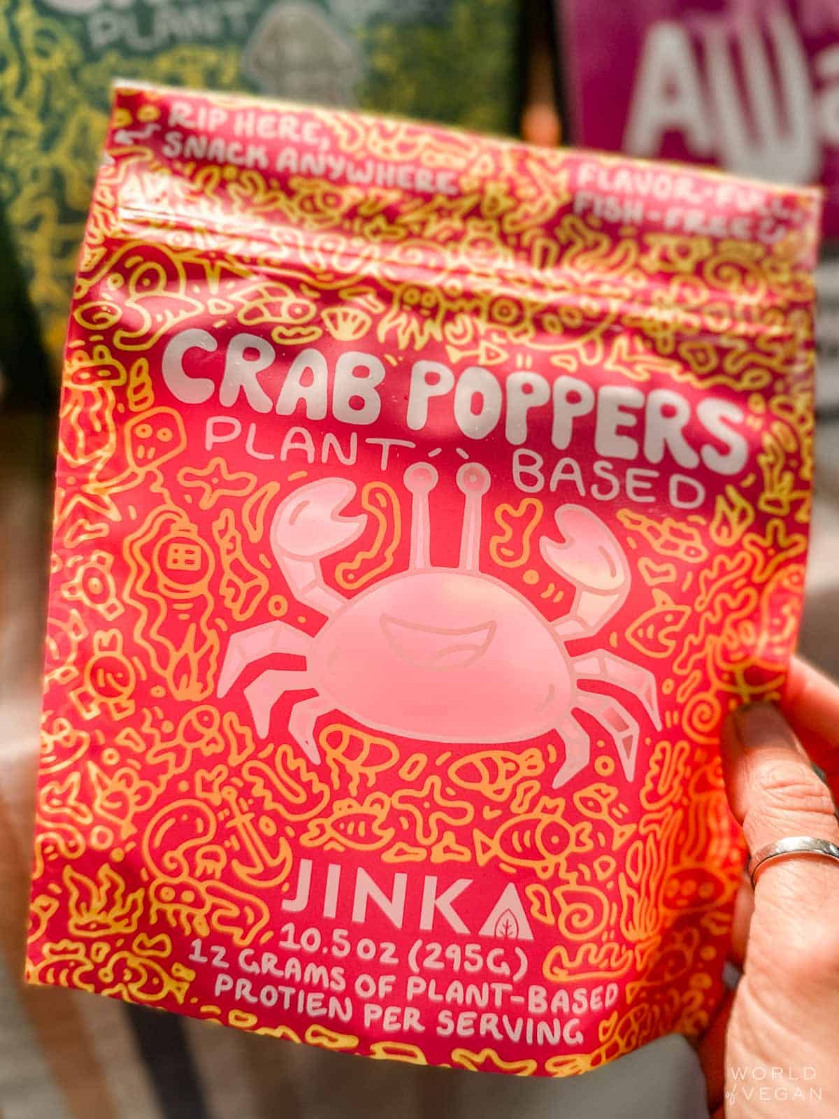 A package of Jinka brand plant-based crab poppers.