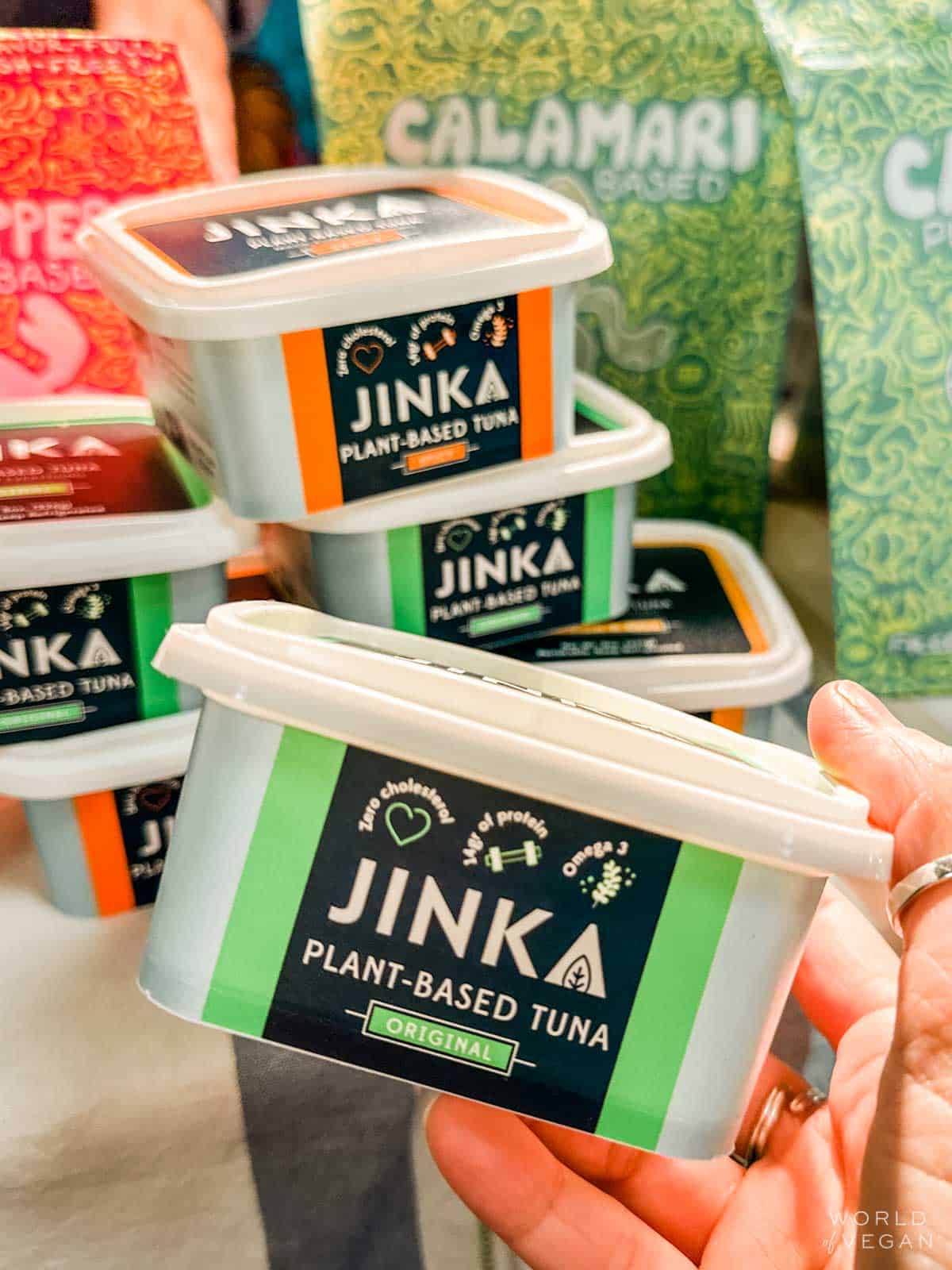 A container of Jinka brand plant-based tuna.
