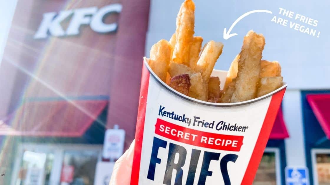 KFC secret fries are vegan photo in front of the store.