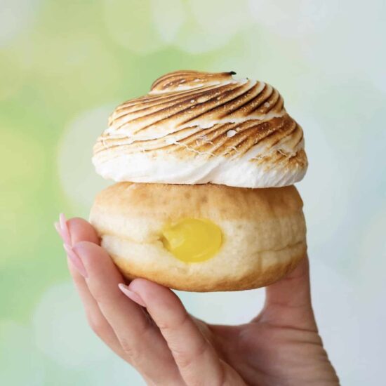 Lemon meringue filled donut from vegan treats