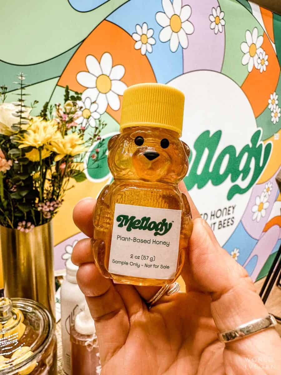 A small bottle of bear-shaped plant-based honey from Mellody Foods.