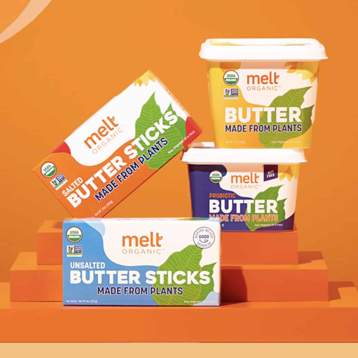 Tubs and sticks of Melt Organic's dairy-free butter.