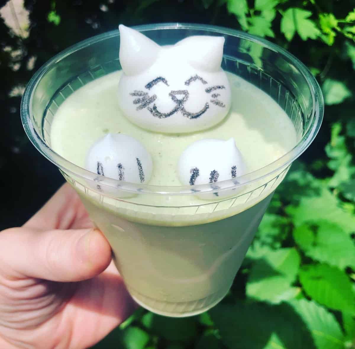 A cat-themed vegan matcha milkshake from Milky Way Shakes.