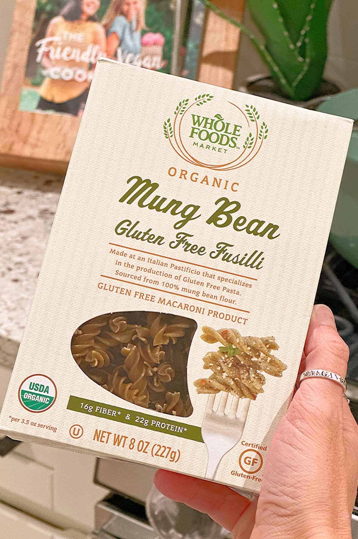 A box of mung bean pasta packed with protein from Whole Foods.