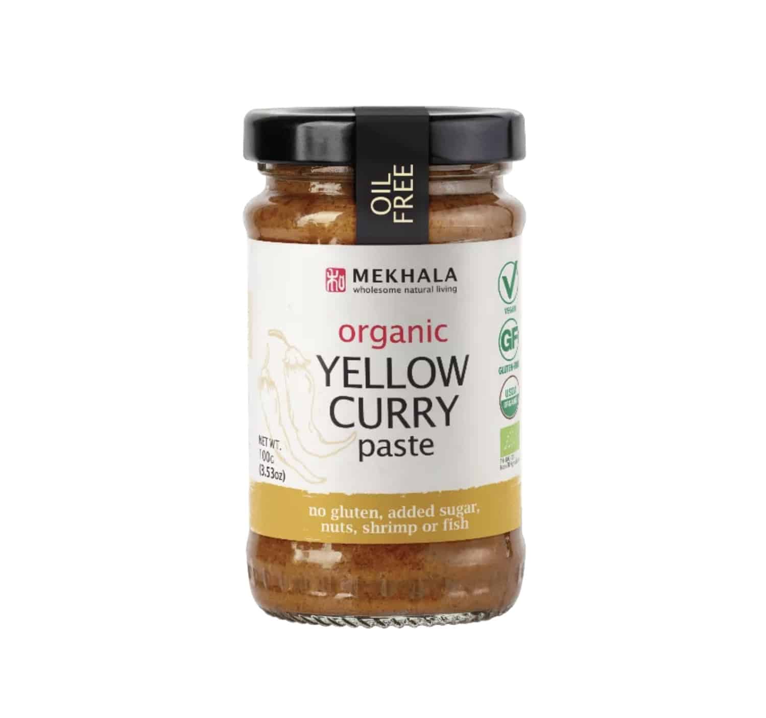 store bought organic vegan yellow curry paste in a jar from Mekhala