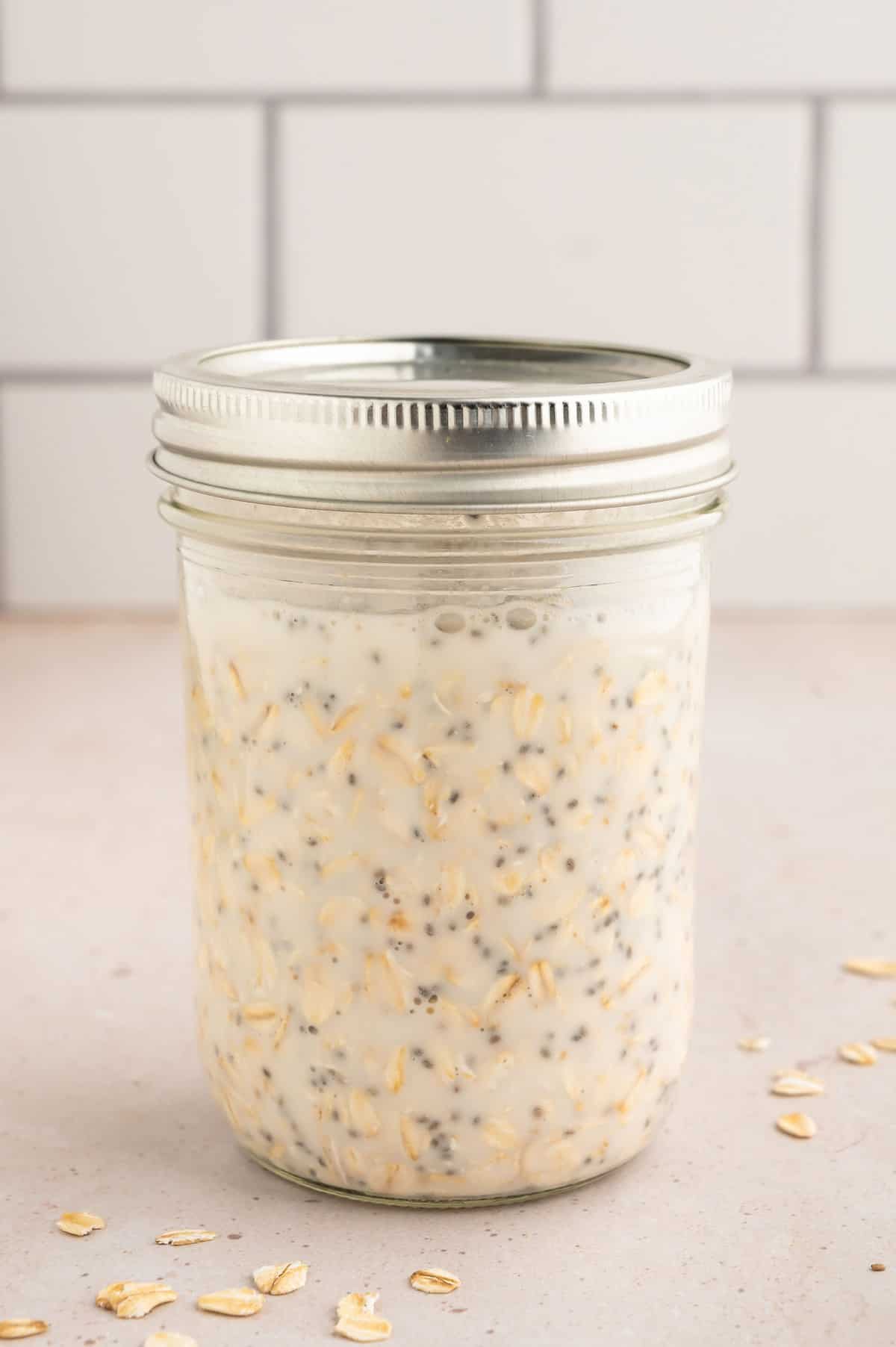 Overnight oats mixed in a jar.