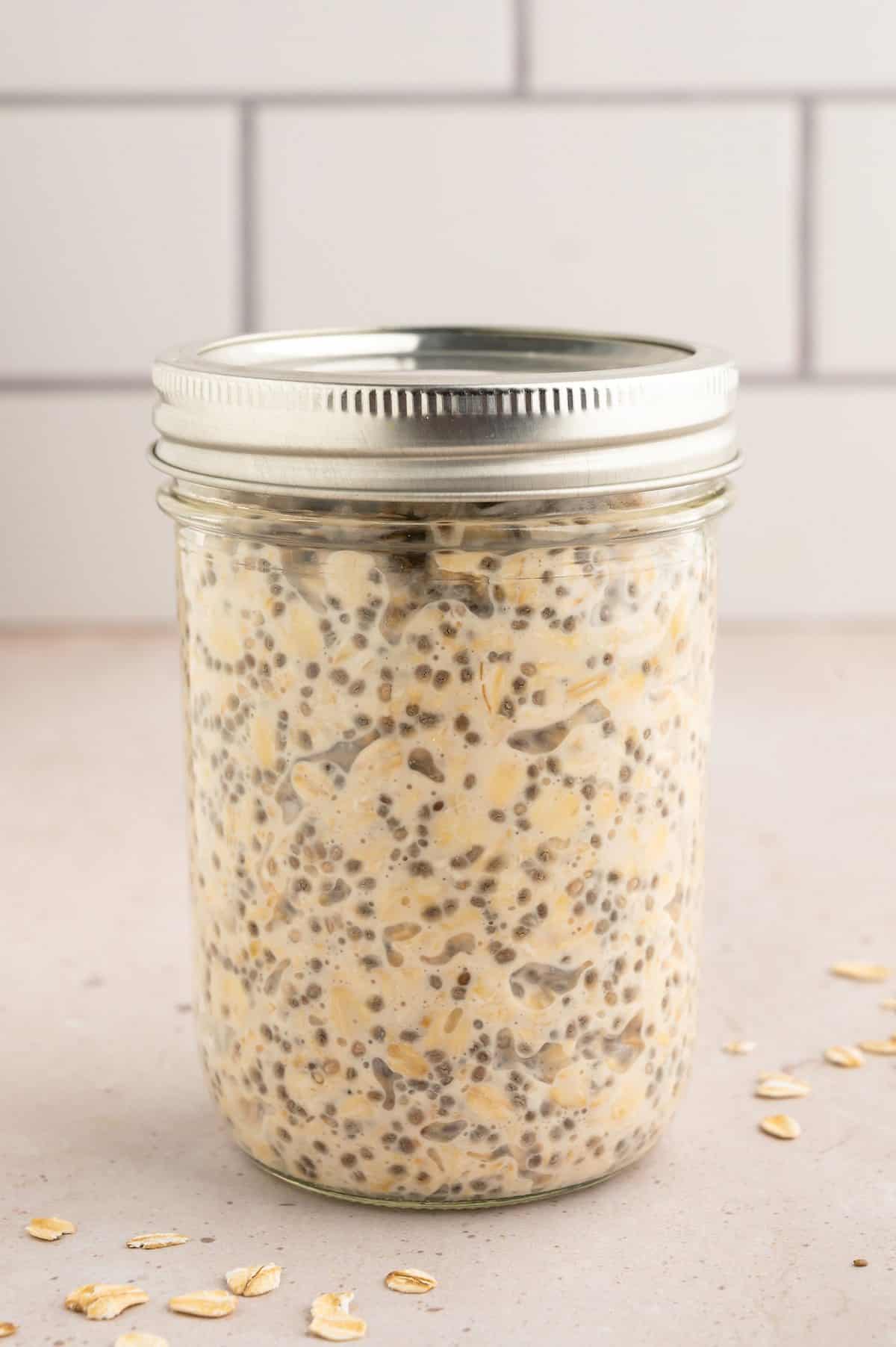 Overnight oats after it has thickened overnight.