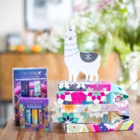 Vegan Gift Ideas and packaged from Pacifica Beauty stacked up on a table with a holiday card.
