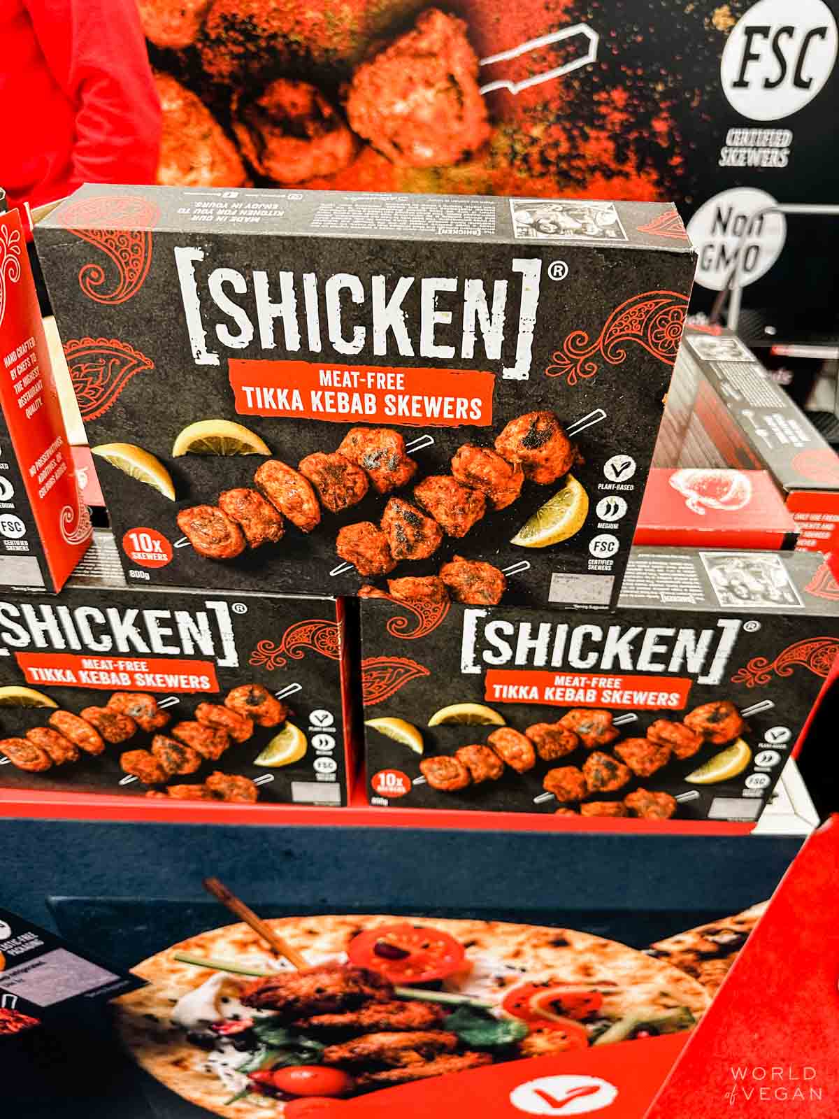 A package of Shicken brand meat-free kebab skewers.