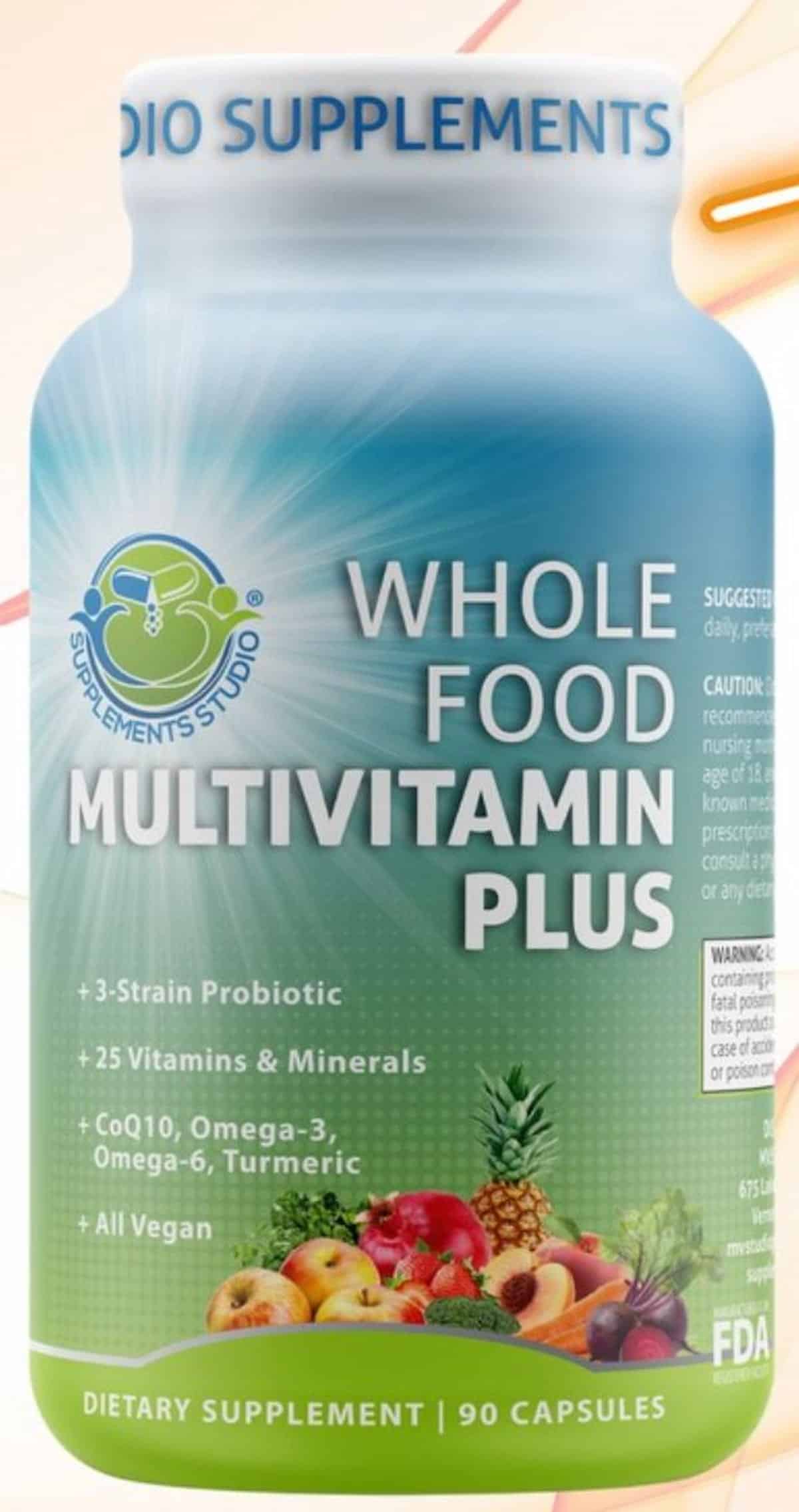 A bottle of Supplements Studio brand vegan multivitamins.