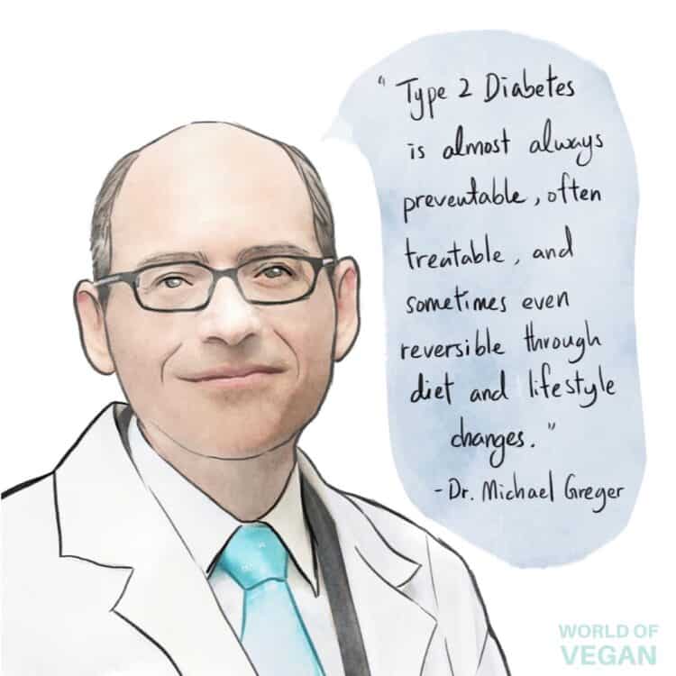 Illustration of vegan doctor Dr. Michael Greger with a quote about Type 2 diabetes and the plant-based diet.