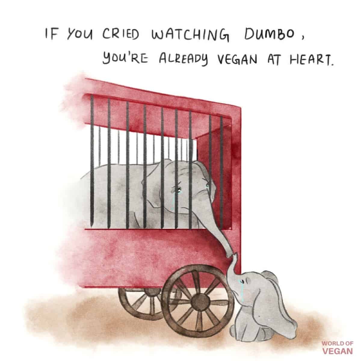 Vegan comic illustrating Dumbo the elephant from a kids movie that says "if you cried watching Dumbo, you're already vegan."