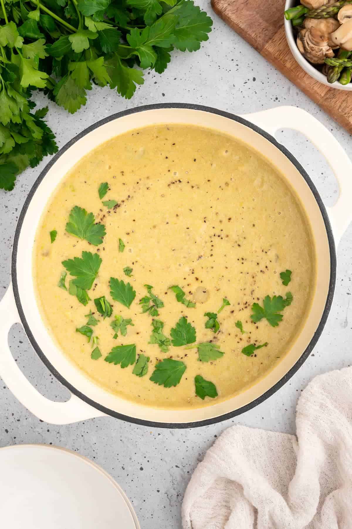 A pot of vegan asparagus soup.