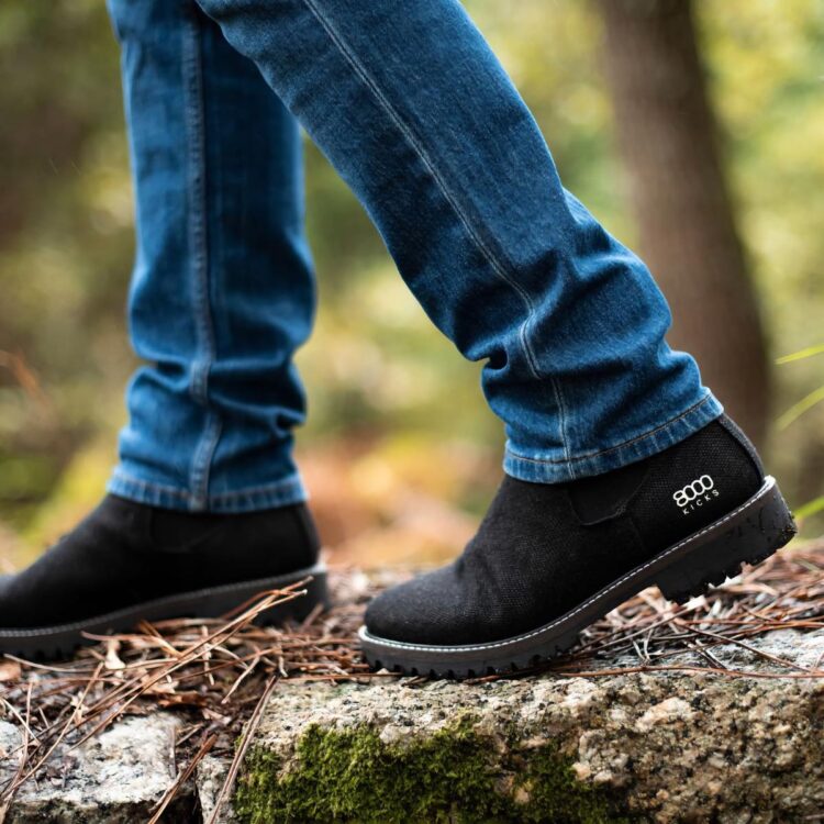 Black hemp chelsea boots in the woods from 8000 Kicks brand.