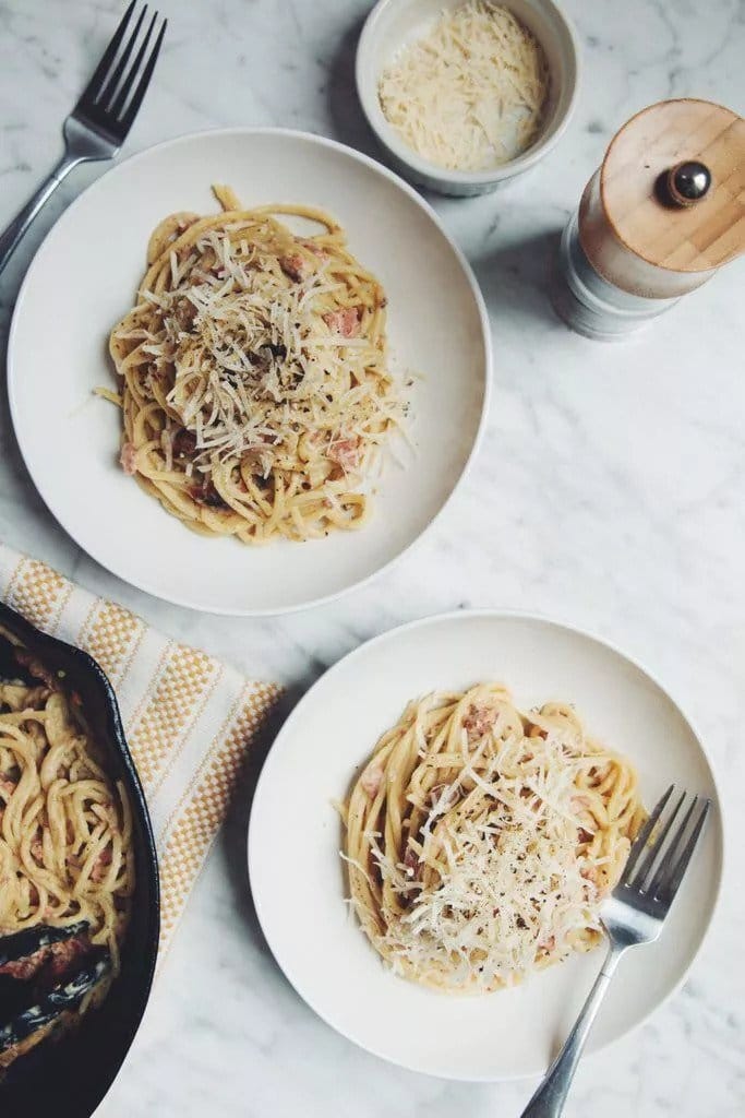 vegan carbonara pasta on two different plates
