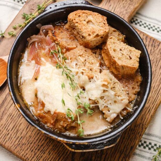 Vegan French Onion Soup in a bowl.