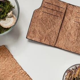 Sustainable vegan leather wallet open on a table.