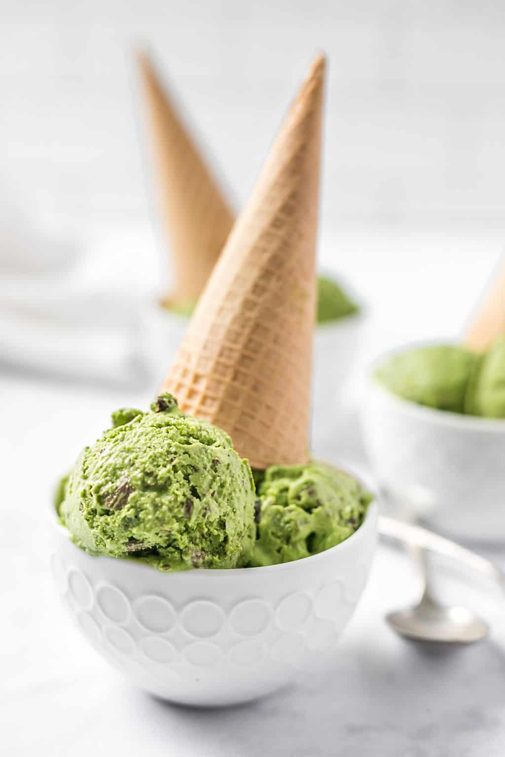 vegan mint matcha in a bowl with cone on top