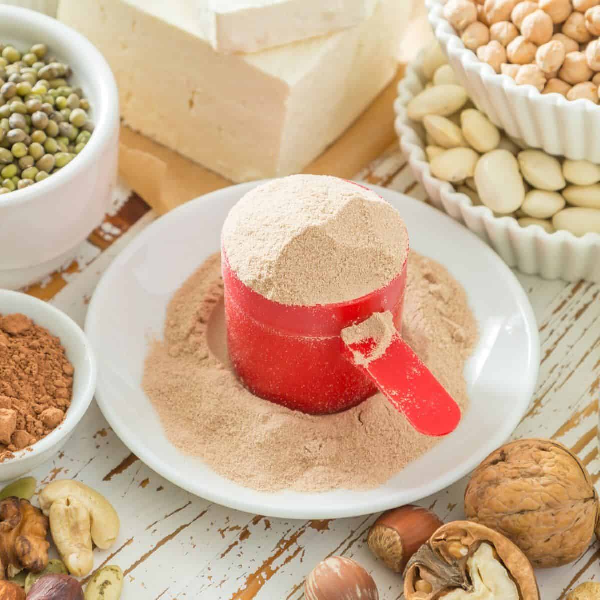A scoop of a vegan protein powder on a plate surrounded by vegan protein sources including tofu, peas, beans and nuts.