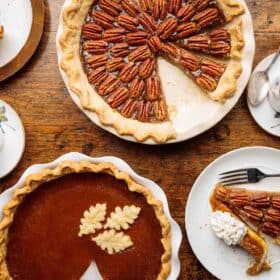 Vegan Thanksgiving Dessert Recipes and Pies Served on a Table With Hot Coffee.
