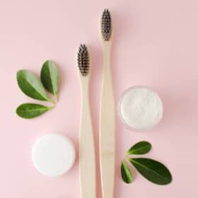 Two compostable bamboo toothbrushes on a pink surfaces next to natural toothpaste and plant leaves.
