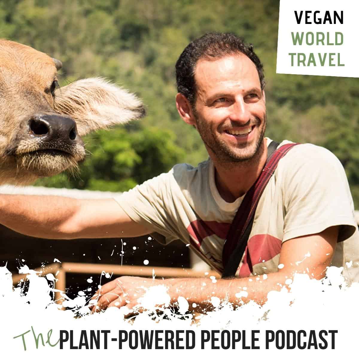 Plant-Powered People Podcast episode graphic featuring Lucas Spiegel with a cow.