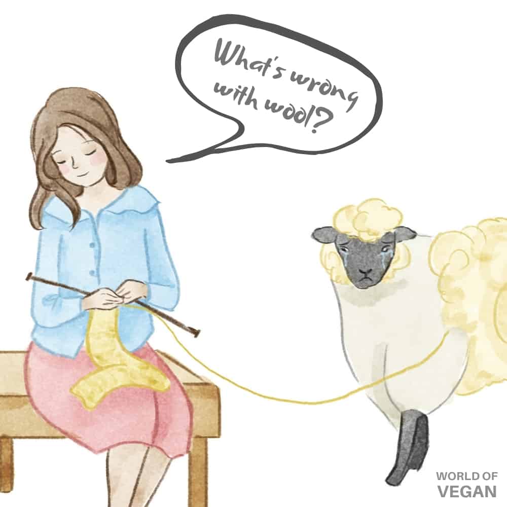 drawing of a feminine-presenting person with long brown hair knitting a scarf from a wool connected to a sheep that has tears in their eyes, with some of their wool visibly gone from their body and a text bubble that says "what's wrong with wool?"