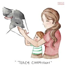 Teach compassion vegan mom and kid with a rescued sanctuary cow.